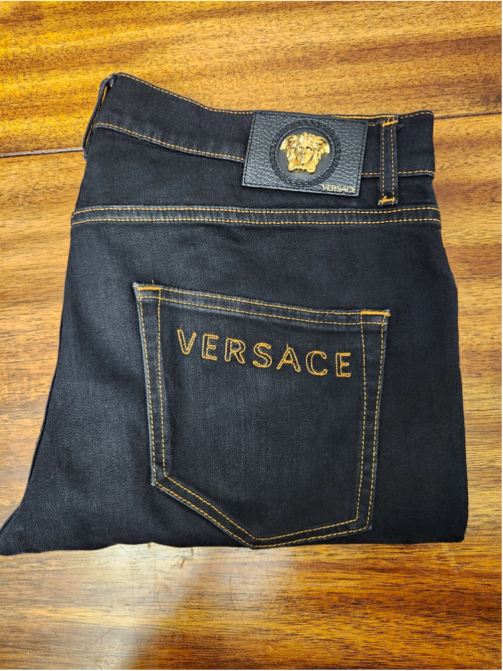 Versace Men's Black Dark Wash Denim Cotton Jeans Taylor Fit Straight Leg Logo